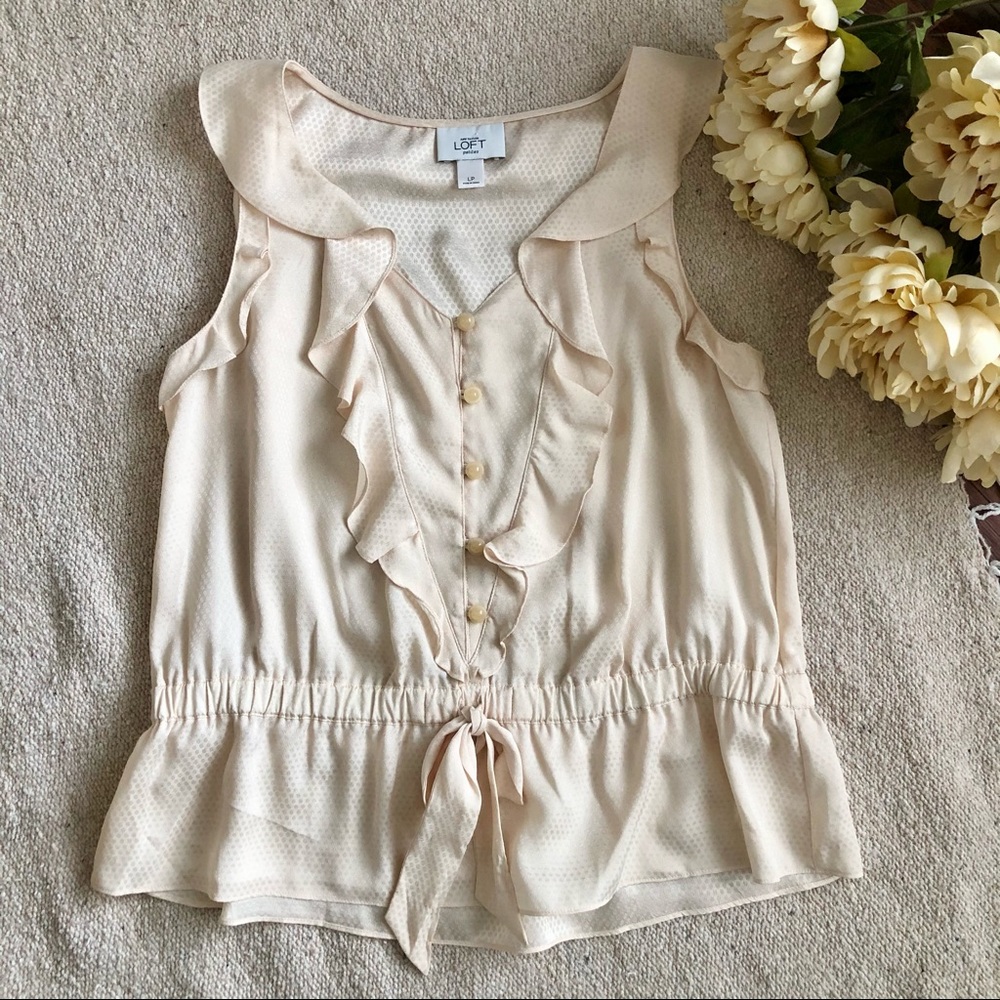 LOFT | Ivory Ruffled Sleeveless Tie Front Blouse